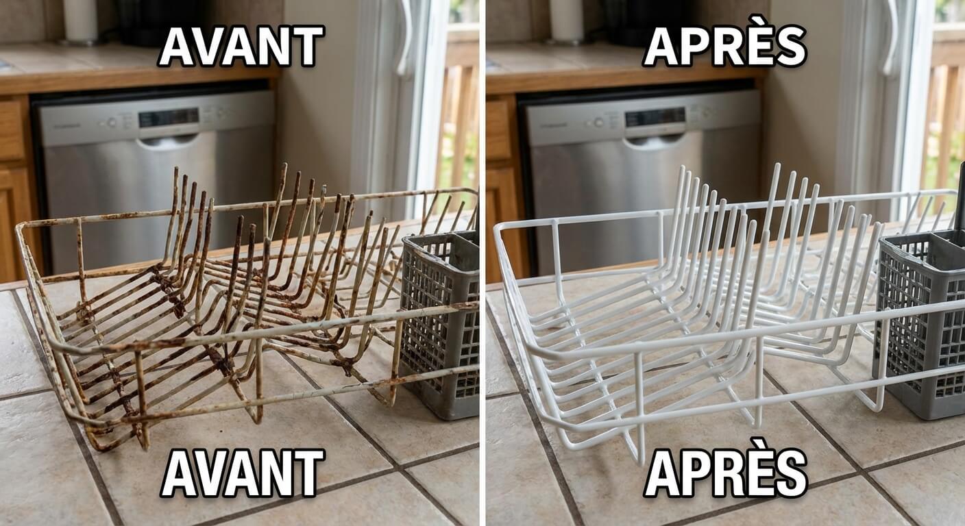 Comparaison entre un panier de lave-vaisselle avec des tiges rouillées et un panier réparé avec de la résine blanche