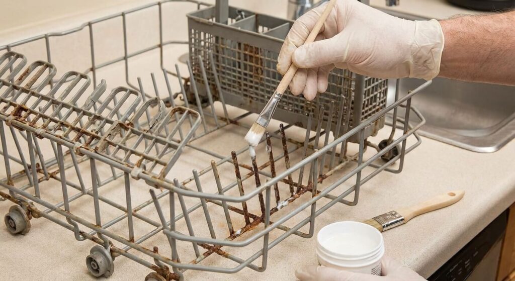 application de la résine de réparation sur un panier de lave-vaisselle avec des tiges rouillées