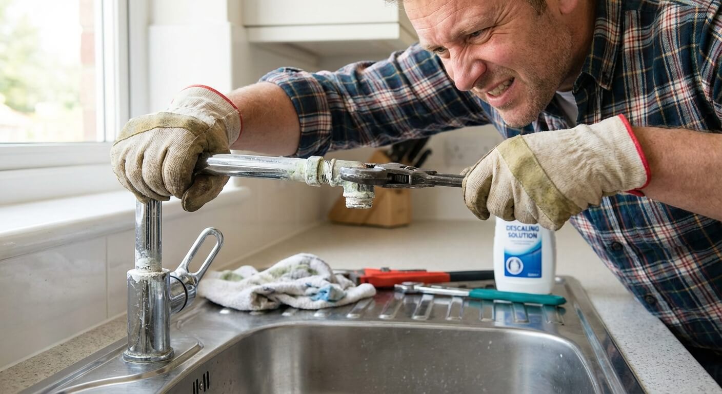 Bricoleur démontant le bec mobile d'un mitigeur d'évier bloqué par le calcaire pour le détartrer