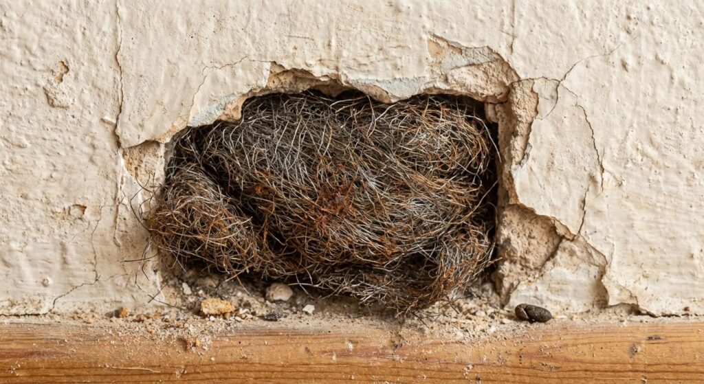 Gros plan sur un trou dans un mur comblé avec de la paille de fer pour empêcher le passage des souris