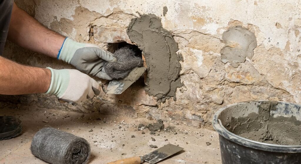 Rebouchage d'un trou de passage de souris dans un mur avec de la laine d'acier et du ciment