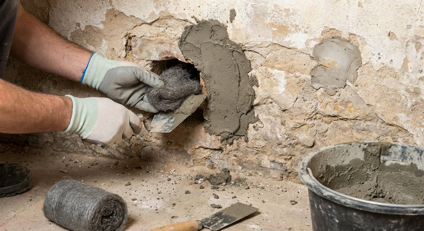 Rebouchage d'un trou de passage de souris dans un mur avec de la laine d'acier et du ciment