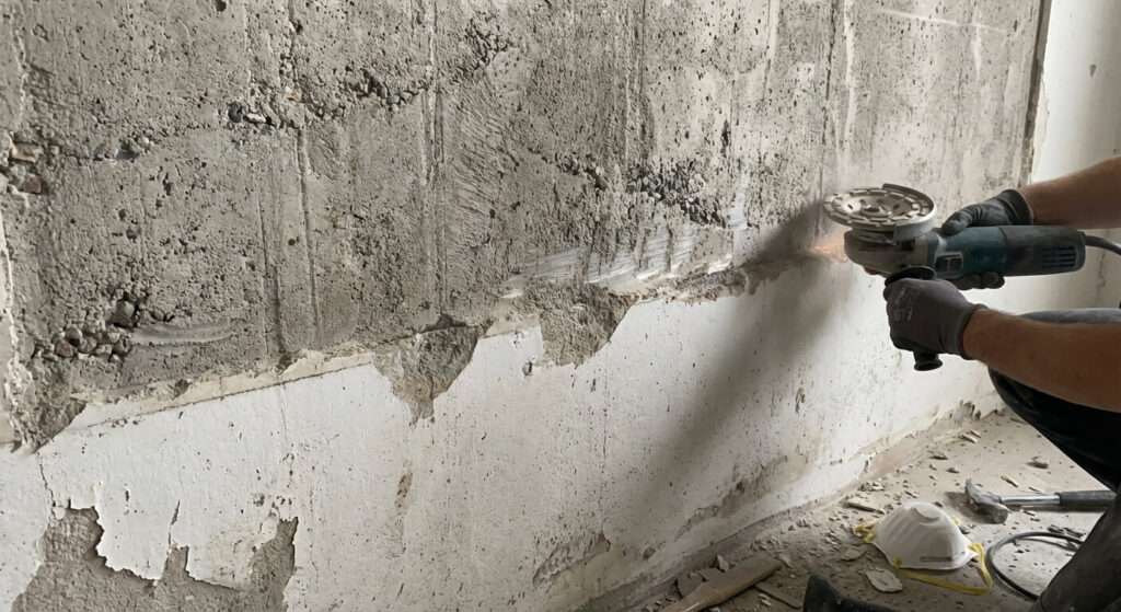 Mur en béton décapé à moitié à l'aide d'une meuleuse d'angle, montrant le ciment brut retrouvé