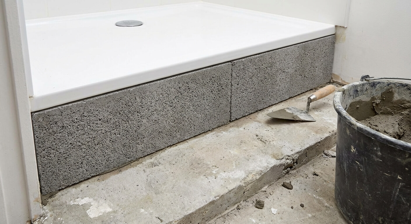 soubassement en Béton Cellulaire pour combler un petit espace entre un receveur de douche et le sol