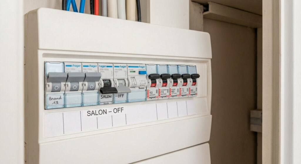 Tableau électrique résidentiel montrant un disjoncteur divisionnaire abaissé (OFF) alors que les autres sont relevés