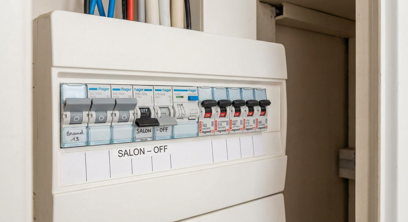 Tableau électrique résidentiel montrant un disjoncteur divisionnaire abaissé (OFF) alors que les autres sont relevés
