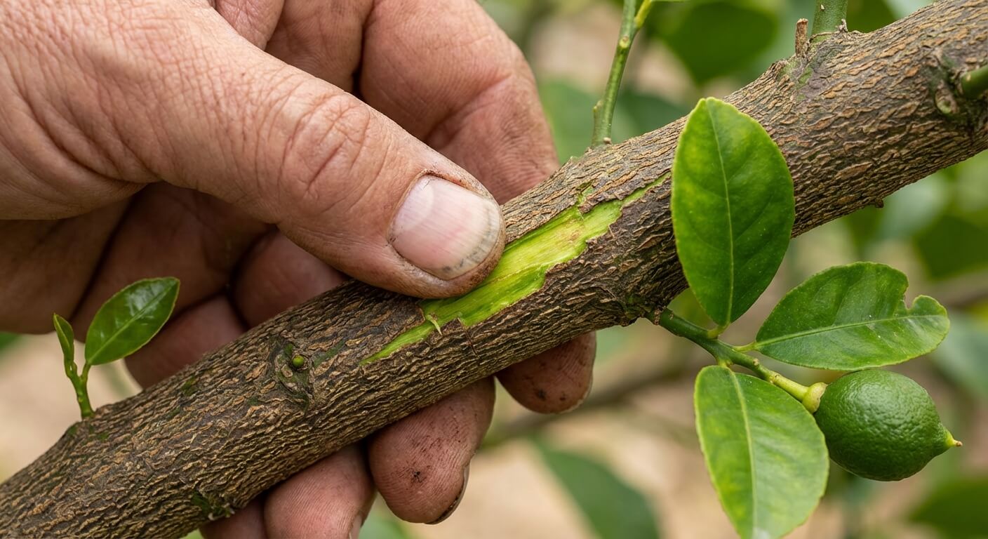 Main grattant l'écorce d'une branche de citronnier avec l'ongle pour révéler le bois vert (signe de vie)