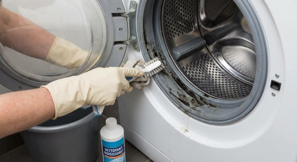 Nettoyage manuel du joint de hublot d'un lave-linge incrusté de moisissures noires responsables des odeurs