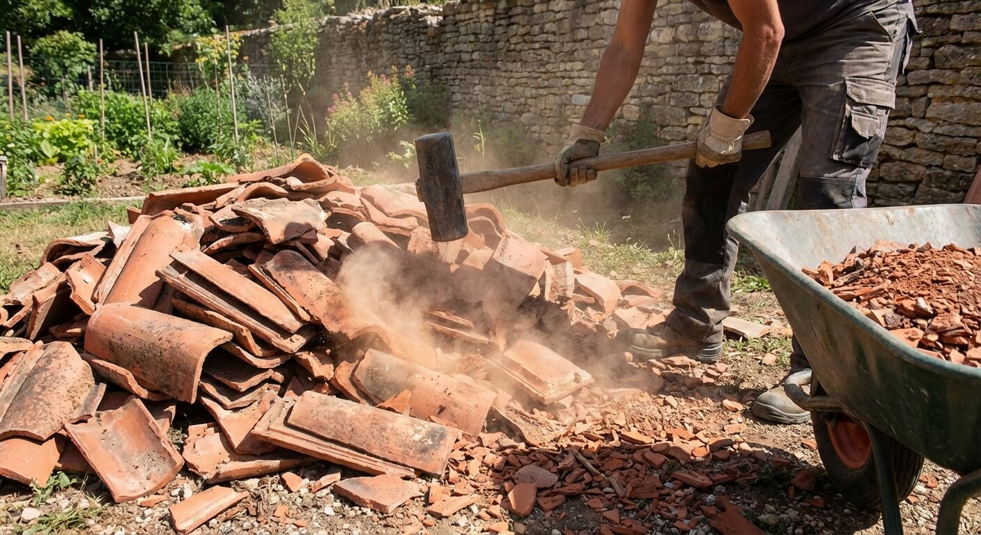 Tas de tuiles rouges en cours de concassage manuel avec une dame de maçon pour créer du paillage