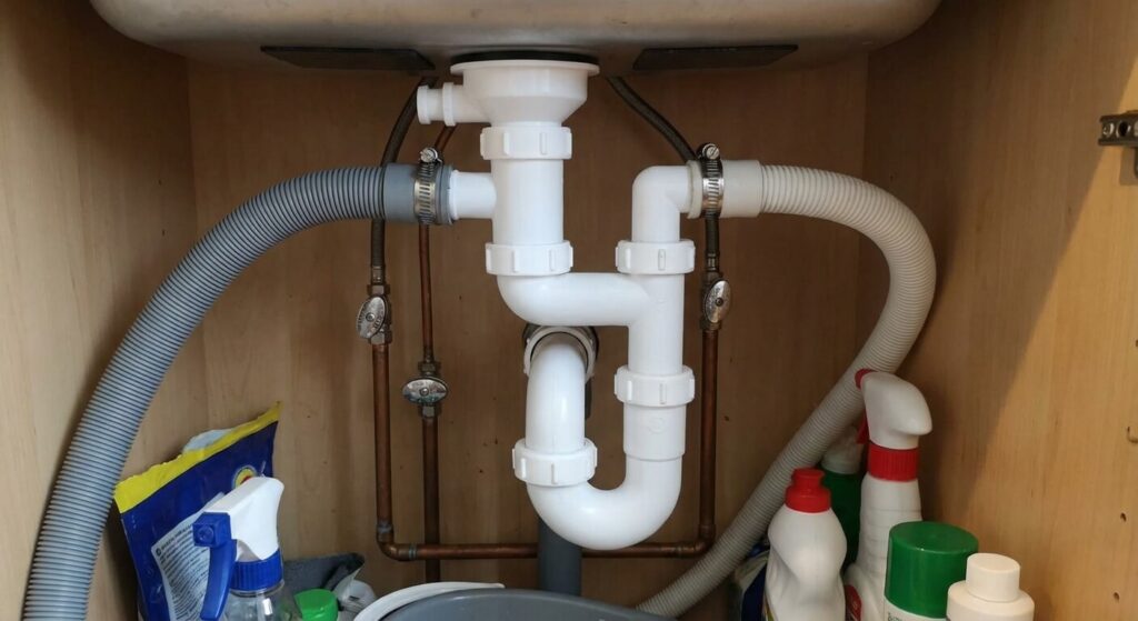 Installation de plomberie sous évier montrant un siphon double bec accueillant les tuyaux du lave-linge et du lave-vaisselle