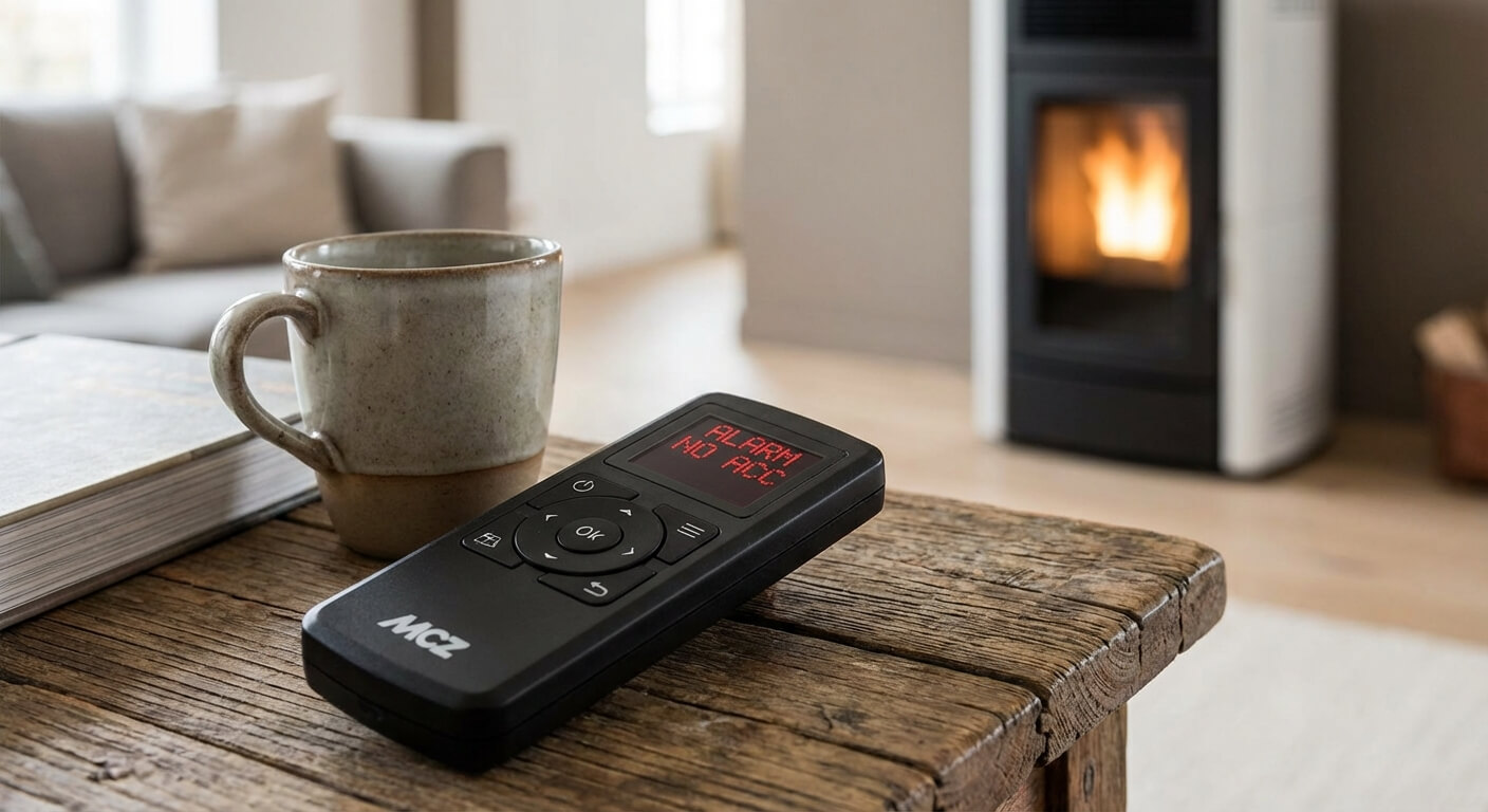 Télécommande de poêle à granulés MCZ posée sur une table, écran éteint ou affichant un message d'erreur
