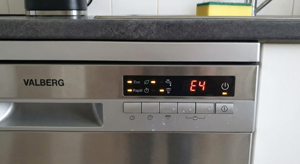 Lave-vaisselle Valberg bloqué sur un programme : Comment le réinitialiser ? 2 Bandeau de commande d'un lave-vaisselle Valberg avec des voyants qui clignotent, signalant un blocage