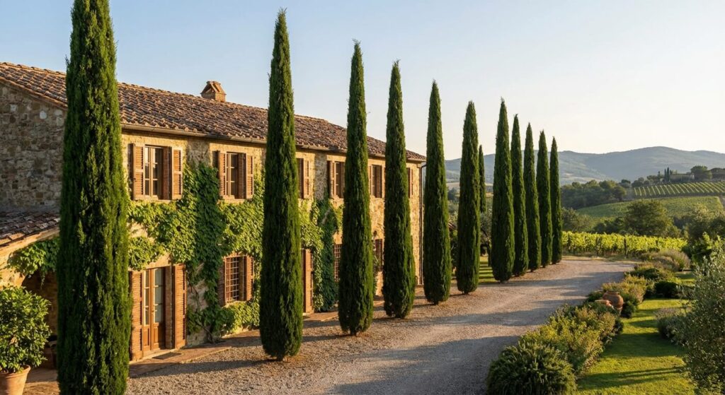 Alignement de cyprès de Florence plantés le long d'une façade de maison avec respect des distances