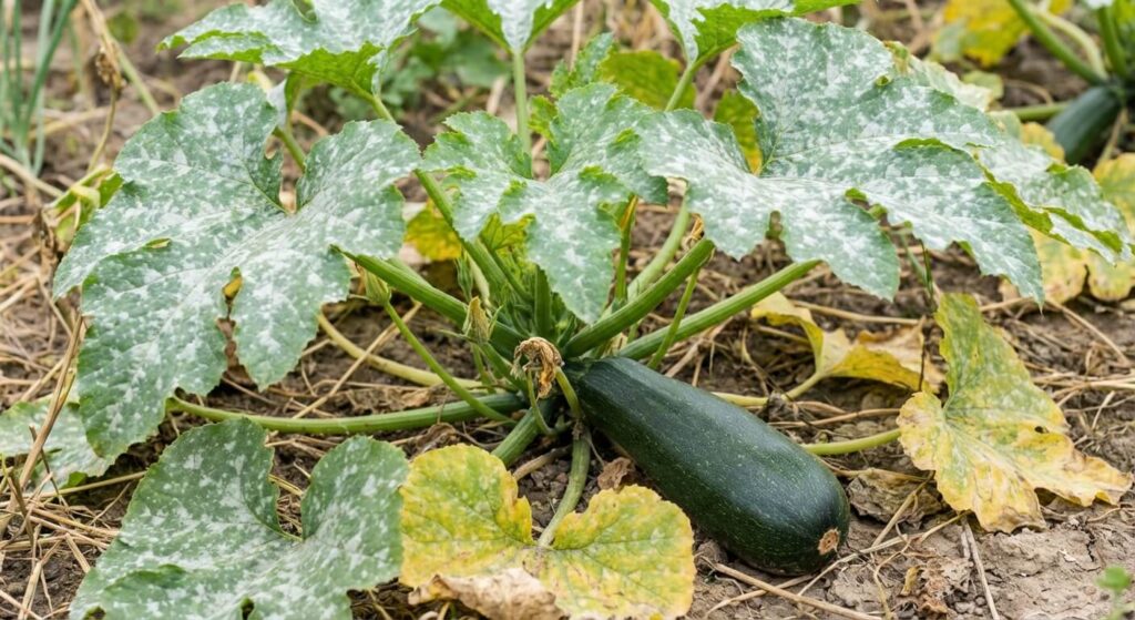 Durée de vie d'un plant de courgette : Un cycle court mais intense 2 Plant de courgette en fin de saison avec feuilles blanchies par l'oïdium mais portant encore un dernier fruit