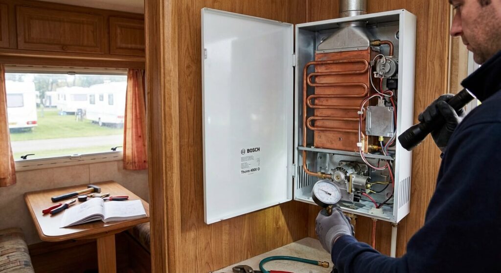 Chauffe-eau gaz instantané Bosch installé dans un mobil-home, capot ouvert pour inspection