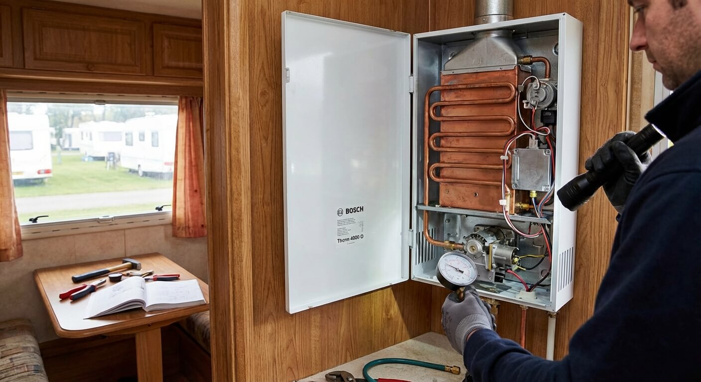 Chauffe-eau gaz instantané Bosch installé dans un mobil-home, capot ouvert pour inspection