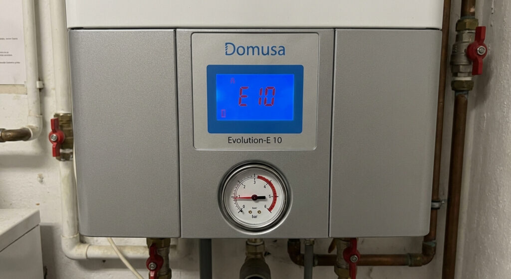 Problème sur chaudière Domusa : Codes erreurs et dépannage 2 Façade d'une chaudière Domusa indiquant un code erreur E10 sur l'écran digital, avec le manomètre de pression visible
