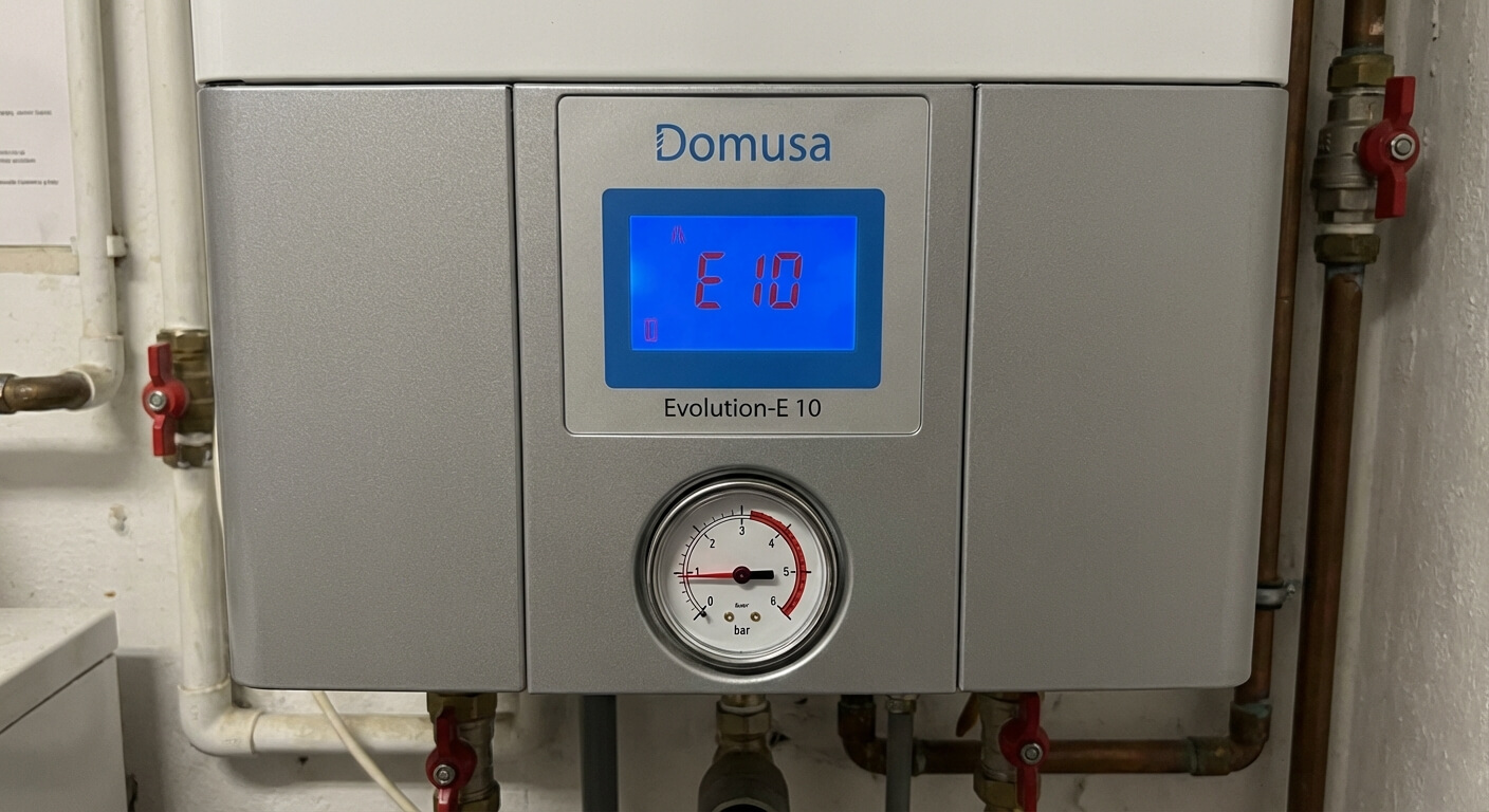 Façade d'une chaudière Domusa indiquant un code erreur E10 sur l'écran digital, avec le manomètre de pression visible