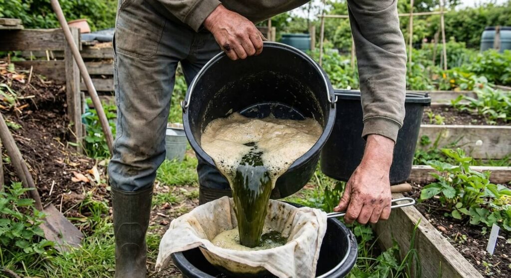 Jardinier filtrant un purin d'ortie macéré dans un seau, liquide verdâtre et mousseux