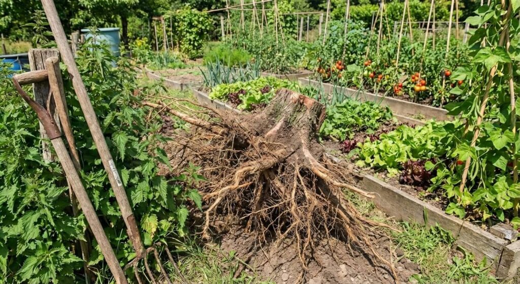 Racines de thuya : Profondeur, dégâts et méthodes d'élimination 2 Souche de thuya fraîchement arrachée montrant le système racinaire étalé et dense