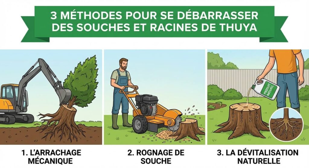 Racines de thuya : Profondeur, dégâts et méthodes d'élimination 3 3 méthodes pour se débarrer se débarrasser des souches et racines de thuya : L'arrachage mécanique / rognage de souche / La dévitalisation naturelle