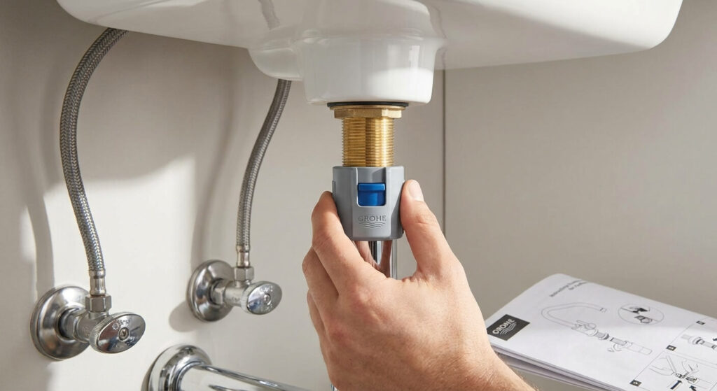 Gros plan sur l'écrou de fixation rapide Grohe QuickFix en plastique gris et son pas de vis sous un lavabo