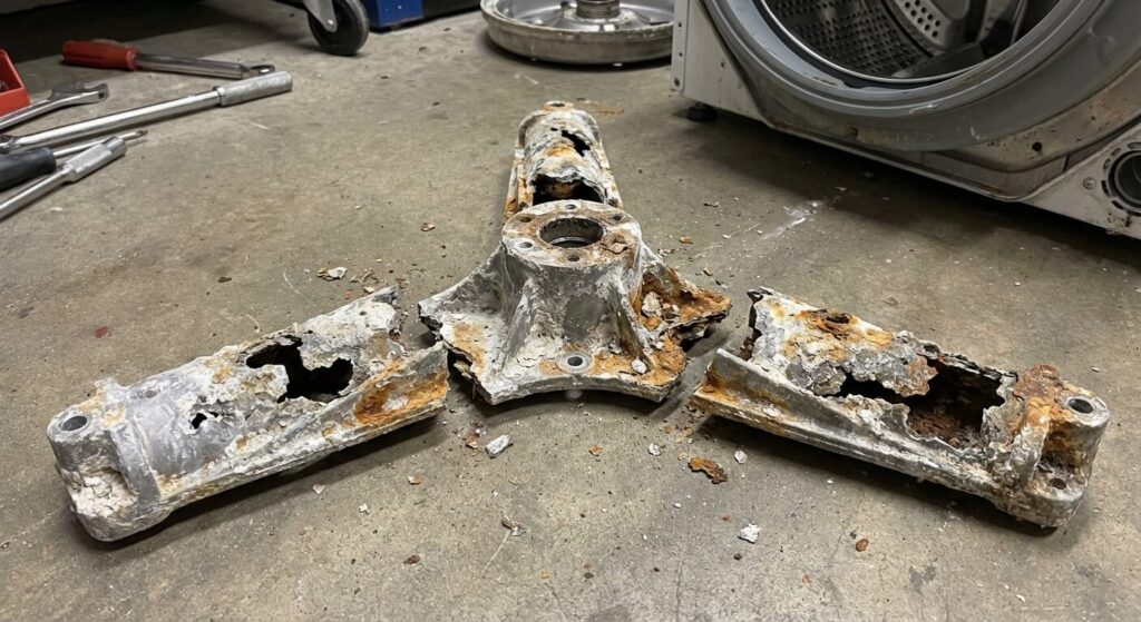 Croisillon (axe) de tambour de machine à laver rongé par la corrosion et cassé en trois morceaux
