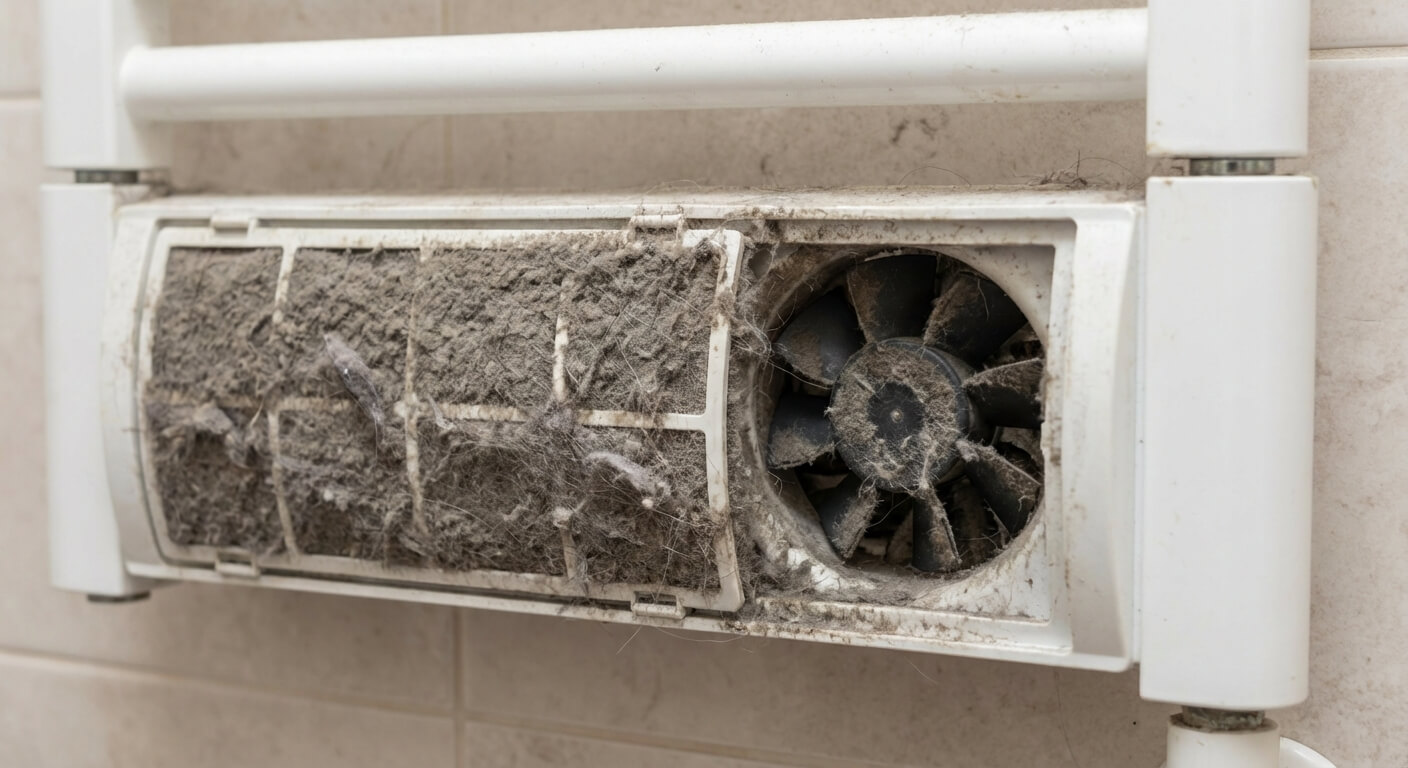 Filtre arrière d'un radiateur sèche-serviettes obstrué par une épaisse couche de poussière empêchant la soufflerie de fonctionner