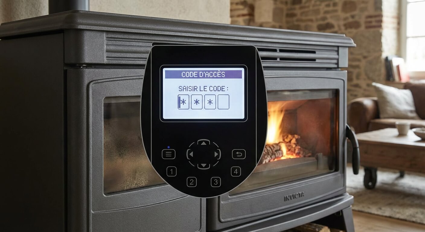 Panneau de commande d'un poêle à granulés Invicta Adrano affichant le menu de saisie du code d'accès