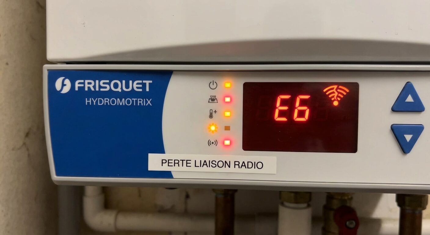 Tableau de bord d'une chaudière Frisquet Hydromotrix avec des voyants clignotants signalant une perte de liaison radio