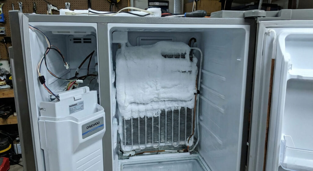 Intérieur d'un congélateur de frigo américain Daewoo démonté montrant l'évaporateur pris dans la glace