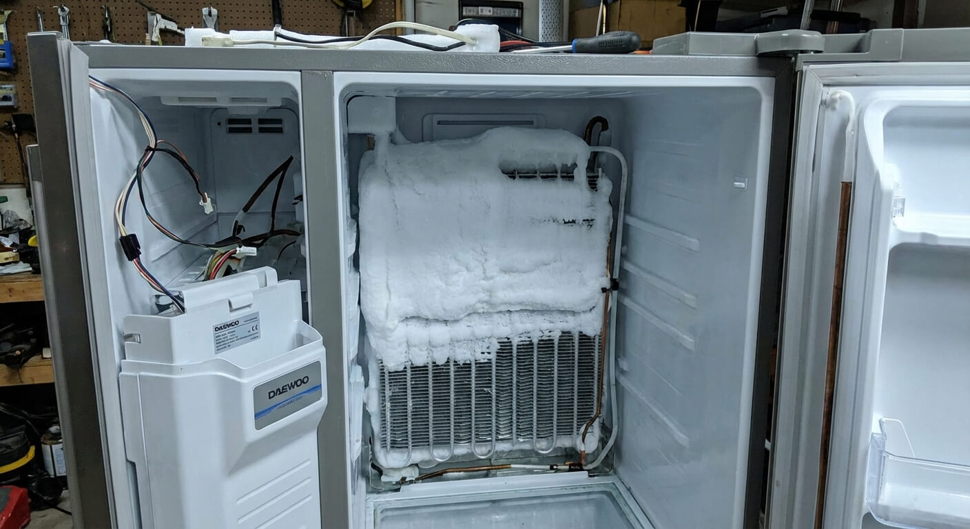 Intérieur d'un congélateur de frigo américain Daewoo démonté montrant l'évaporateur pris dans la glace