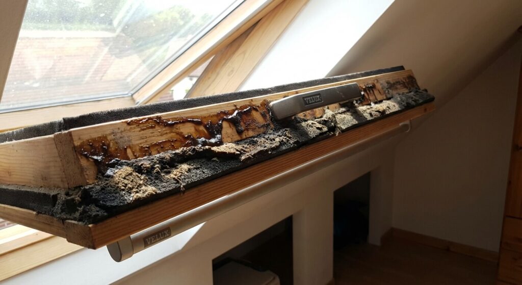 Barre de manœuvre d'une fenêtre de toit Velux ouverte, montrant la mousse isolante désagrégée et collante