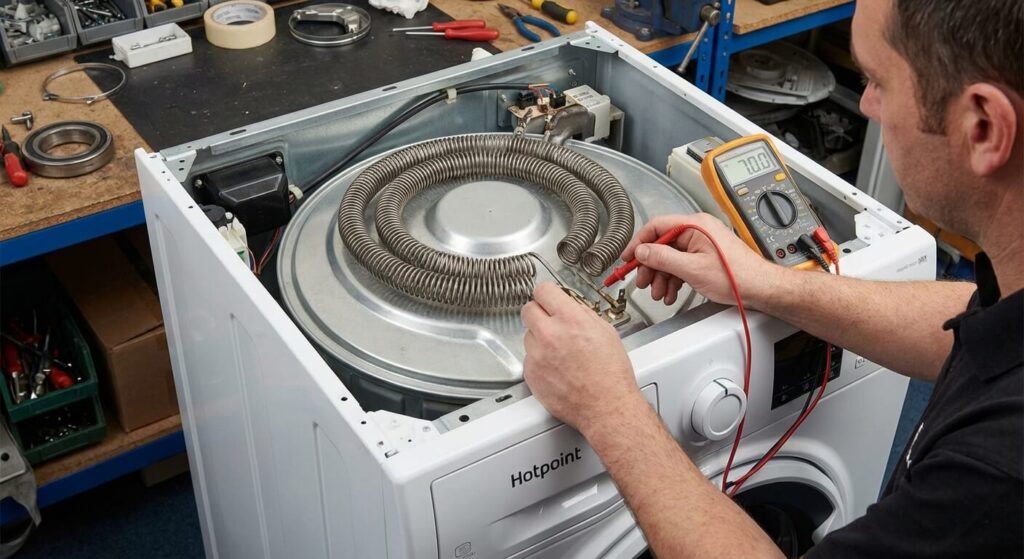 Test au multimètre de la résistance de séchage située sur le dessus de la cuve d'un lave-linge séchant Hotpoint