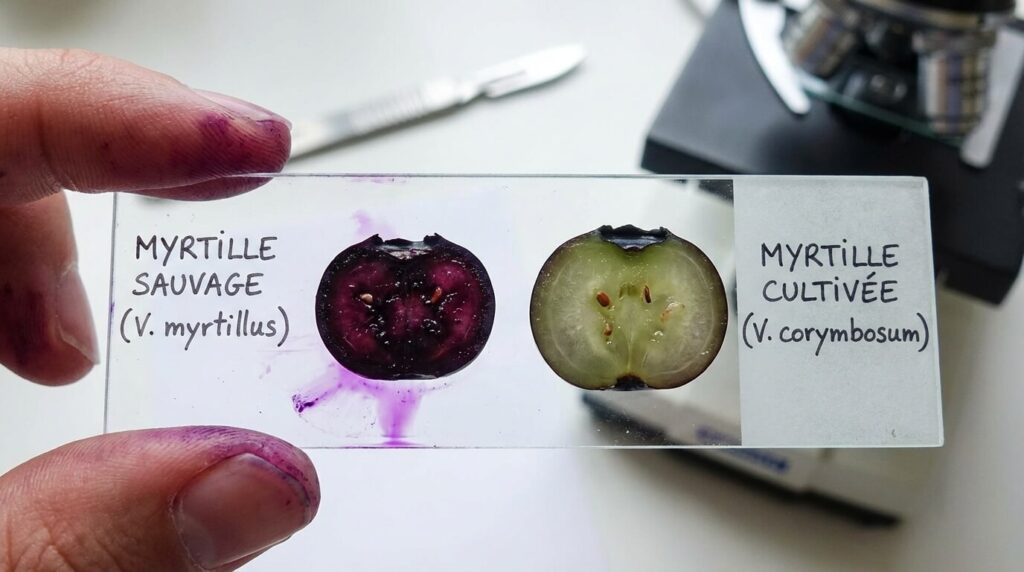 Coupe transversale comparant une myrtille sauvage à la chair violette sombre qui tache et une myrtille cultivée (américaine) à la chair pulpeuse blanc-verdâtre