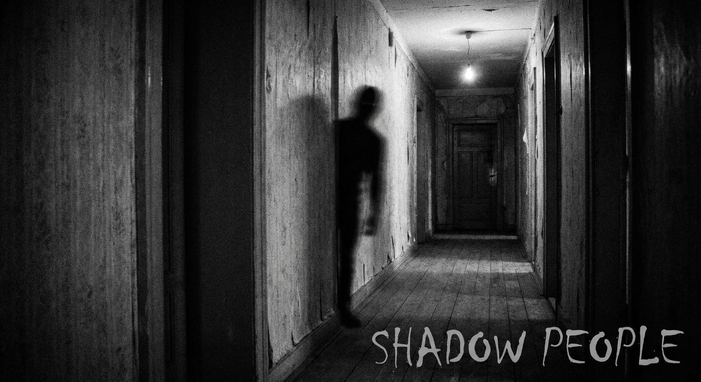 Représentation artistique d'une silhouette sombre et furtive aperçue au coin d'un couloir, illustrant le phénomène des "Shadow People"