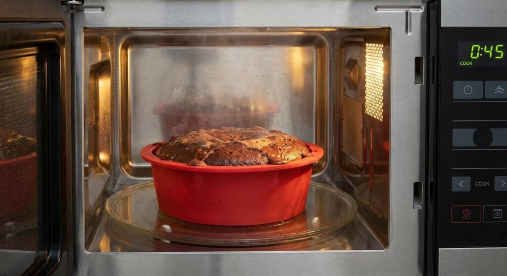 Vue intérieure d'un four micro-ondes avec un gâteau au chocolat en train de cuire dans un moule en silicone rouge, pratique courante en cuisine rapide