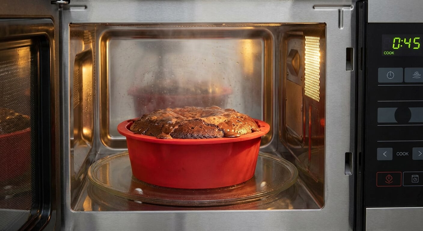 Vue intérieure d'un four micro-ondes avec un gâteau au chocolat en train de cuire dans un moule en silicone rouge, pratique courante en cuisine rapide