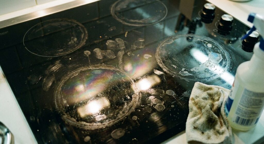 Gros plan sur une plaque de cuisson gaz en verre noir montrant des reflets irisés et des traces de doigts, soulignant la difficulté d'entretien de ce matériau