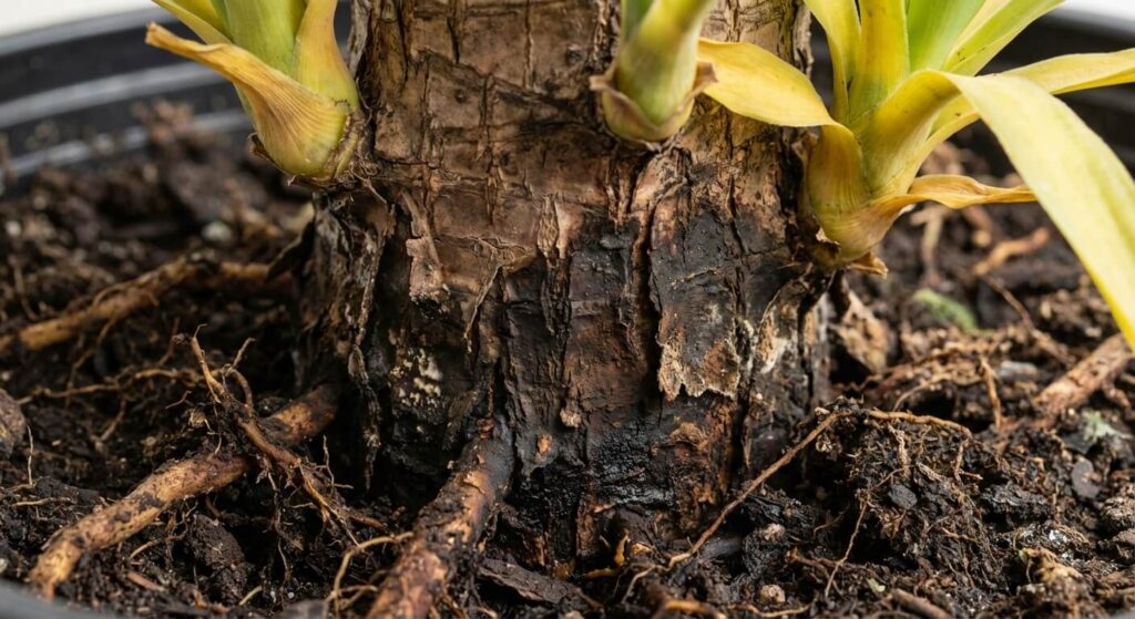 Gros plan sur un tronc de Yucca elephantipes devenu mou et sombre à la base, signe caractéristique d'un pourrissement racinaire dû à un excès d'arrosage