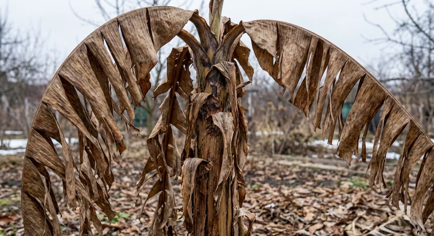 Bananier (Musa Basjoo) en sortie d'hiver avec toutes ses feuilles brunes et pendantes, un aspect spectaculaire mais souvent trompeur sur l'état réel de la plante