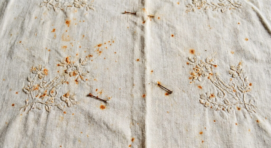 Linge ancien piqué de rouille : Comment le détacher sans l'abîmer ? 2 Gros plan sur un drap en lin ancien brodé présentant des petites taches orangées de rouille (piqûres), témoignage d'un stockage humide ou d'épingles oubliées