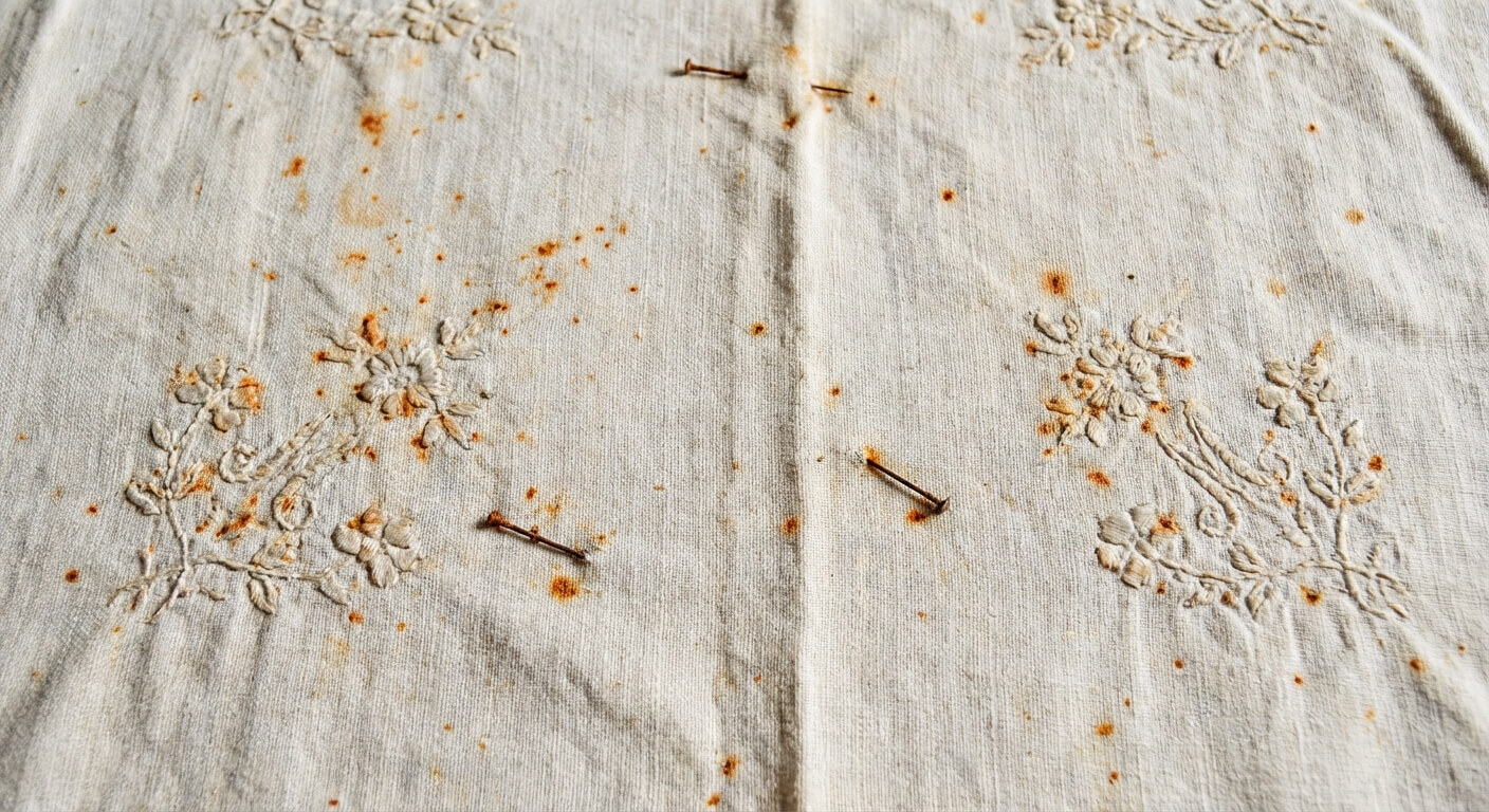 Gros plan sur un drap en lin ancien brodé présentant des petites taches orangées de rouille (piqûres), témoignage d'un stockage humide ou d'épingles oubliées
