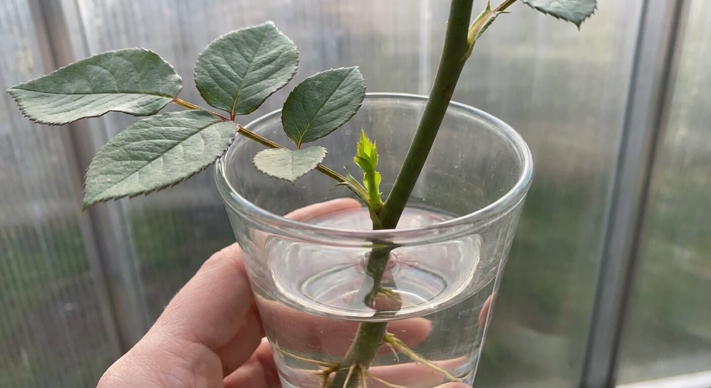 Tige de rose dans un vase d'eau montrant le départ d'une jeune pousse verte (bourgeon axillaire) à la base d'une feuille, phénomène rare qui suscite l'espoir du jardinier