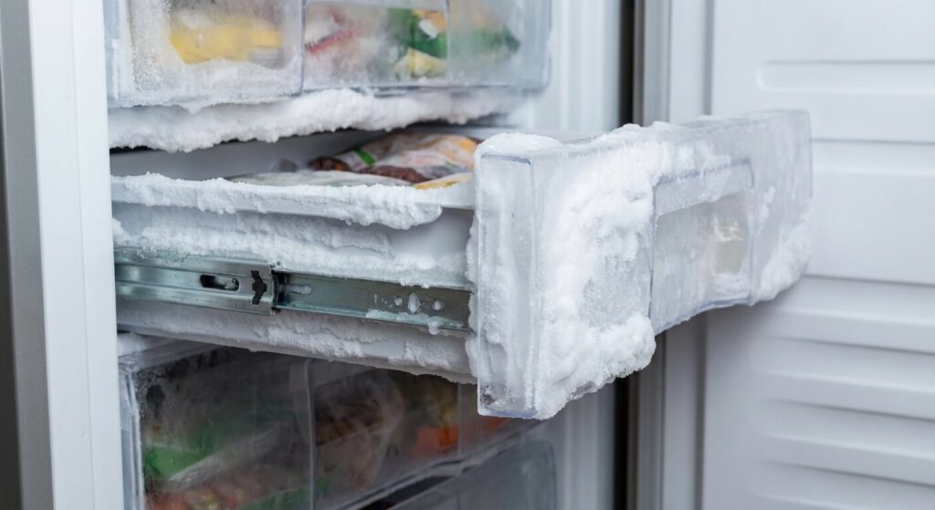 Intérieur d'un congélateur envahi par une épaisse couche de givre et de glace bloquant le mécanisme de glissière du tiroir, empêchant l'accès aux aliments