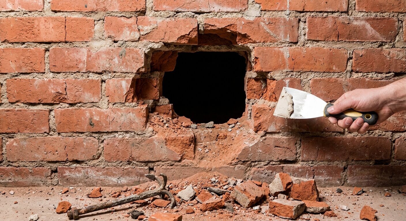 Mur en brique rouge creuse présentant un trou éclaté et irrégulier suite au retrait d'une cheville, montrant la difficulté de combler le vide derrière la paroi