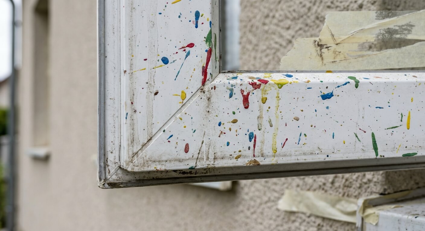 Montant de fenêtre en PVC blanc taché par des éclaboussures de peinture sèche colorée, une situation fréquente après des travaux de ravalement ou de décoration