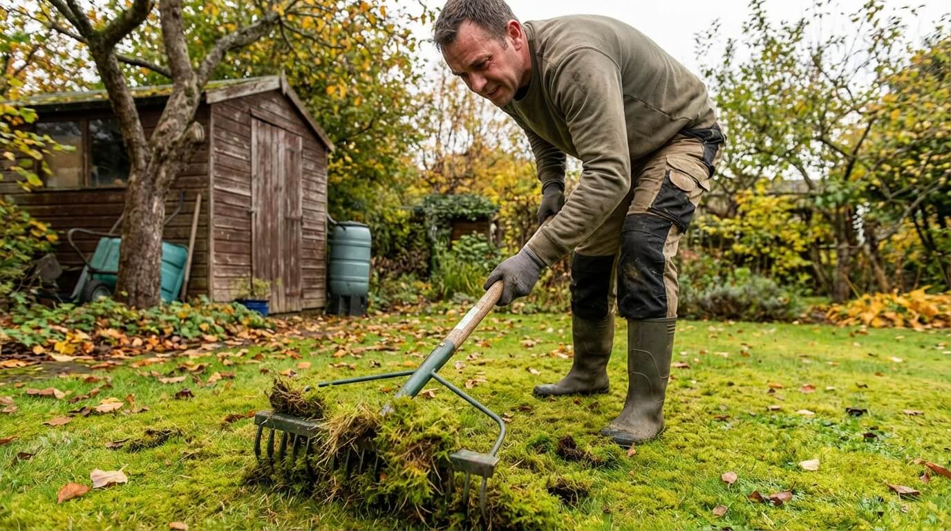 Jardinier en action utilisant un râteau scarificateur manuel à dents couteaux pour extraire la mousse d'une pelouse, montrant l'effort physique nécessaire