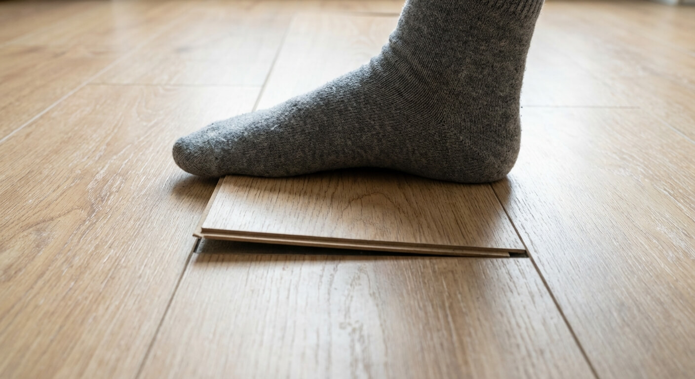 Pied en chaussette appuyant sur une lame de parquet stratifié qui s'enfonce visiblement, illustrant le défaut de planéité appelé "flache" ou creux