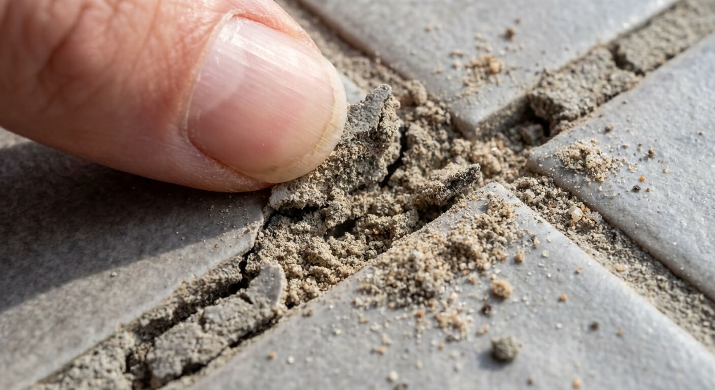 Gros plan macro sur un joint de carrelage gris qui s'effrite et se creuse au passage de l'ongle, révélant une texture sableuse sans cohésion, typique d'un mortier brûlé